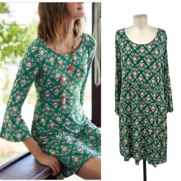 Boden Miriam Stretch Jersey Tunic Dress Green Floral Bell Sleeve Size US 16R - Picture 1 of 9